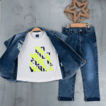 BOYS' SUIT WHOLESALE READY TOWEAR TRIPLE SUIT Jeans pants with a white sweater with a black and yellow print and a denim jacket with side pockets 035